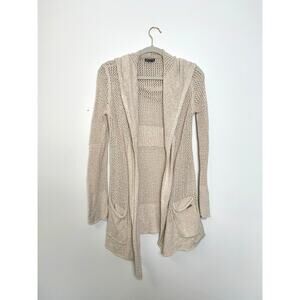 Eddie Bauer Linen Cotton Knit Hooded Cardigan Womens S Beige Open Front Cottage